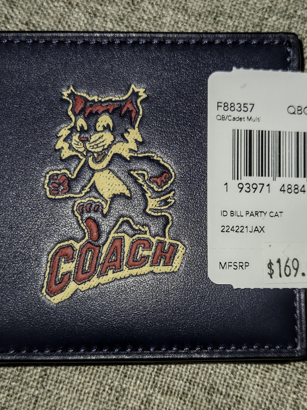 Coach Navy Leather Bill Party Cat Bi-Fold Wallet with Red and Cream Graphic